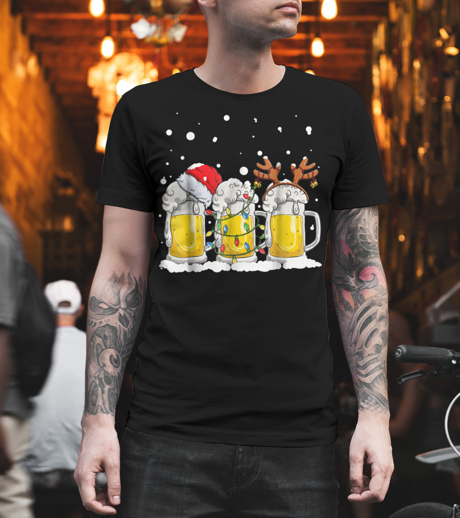 Beer Christmas Santa Hat Reindeer Antlers Xmas Lights T-Shirt