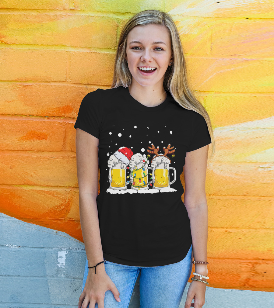 Beer Santa Christmas Lights Reinbeer Holiday Cheers T-Shirt
