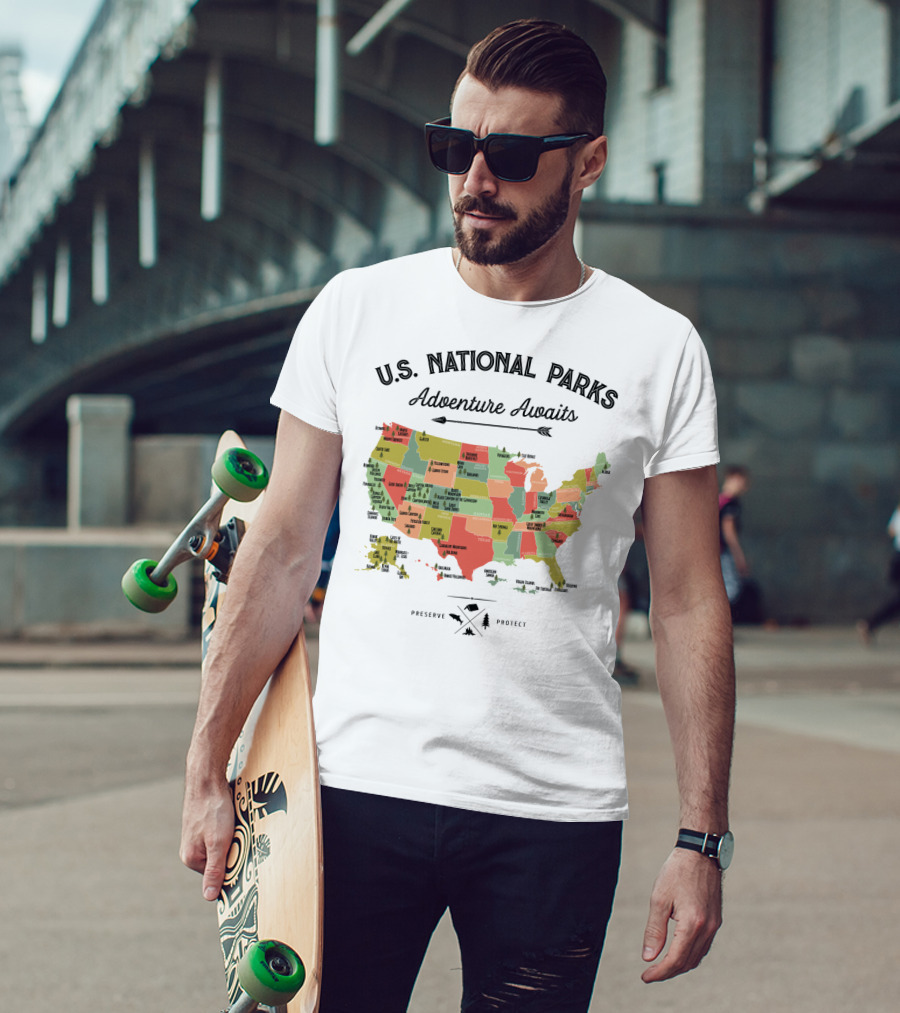 U.S. National Parks Adventure Awaits Map Preserve Protect Vintage Camping Hiking 59 US T-Shirt