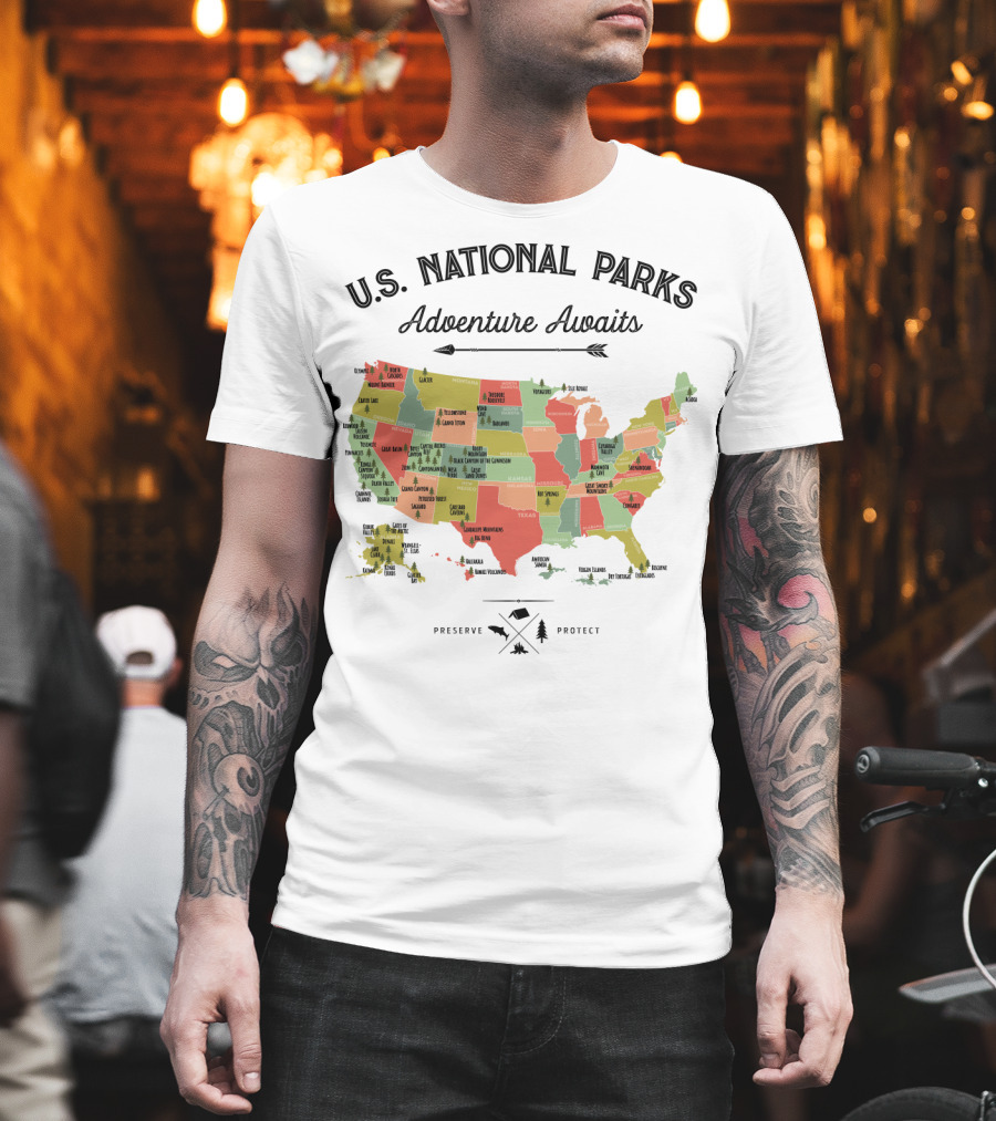 U.S. National Parks Adventure Awaits Map Preserve Protect Vintage Camping Hiking 59 US T-Shirt