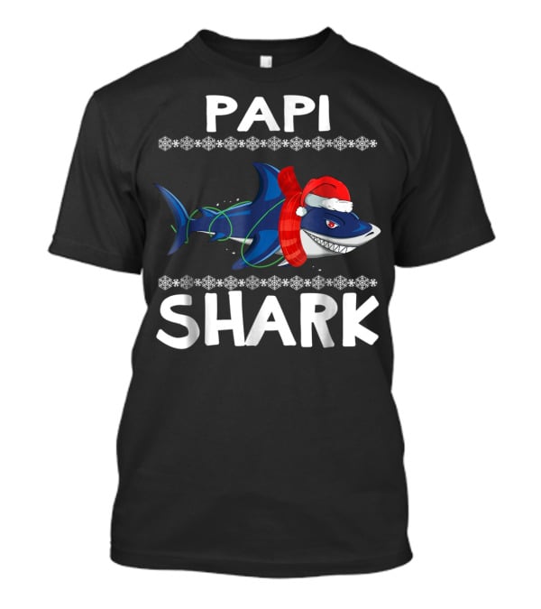 Papi Shark Ugly Christmas Family Santa Hat Snowflakes T-Shirt