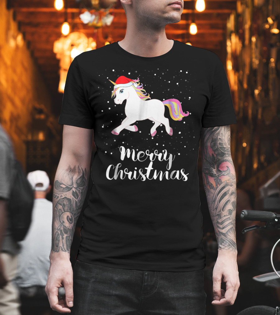 Merry Christmas Unicorn Santa Hat Family Group Matching T-Shirt