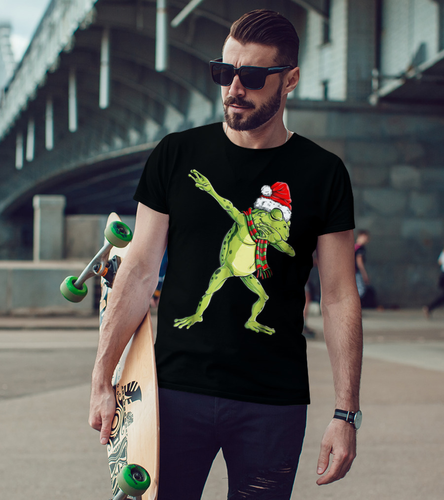 Christmas Dabbing Frog With Santa Hat And Scarf T-Shirt