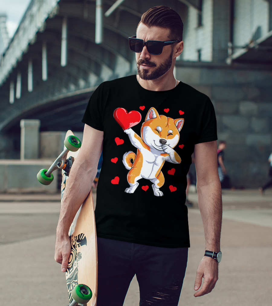 Dabbing Shiba Inu Holding Heart Valentines Day Dog Lover Boys T-Shirt