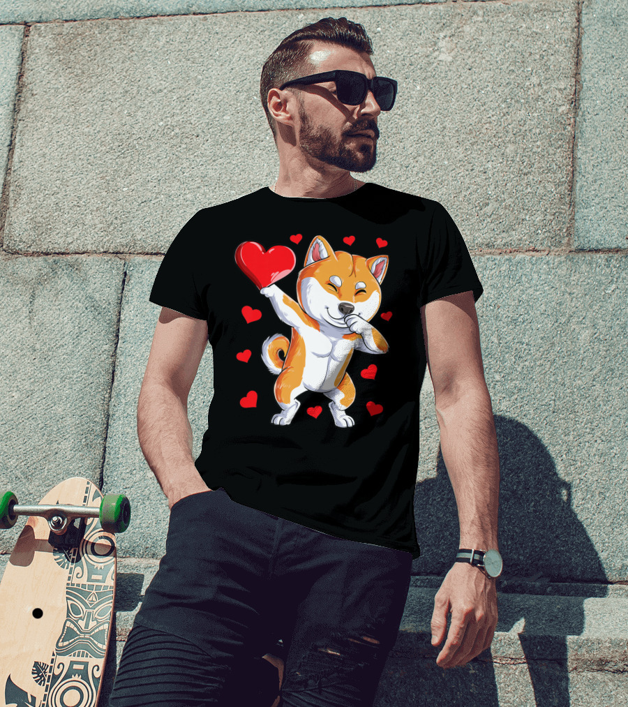 Dabbing Shiba Inu Holding Heart Valentines Day Dog Lover Boys T-Shirt