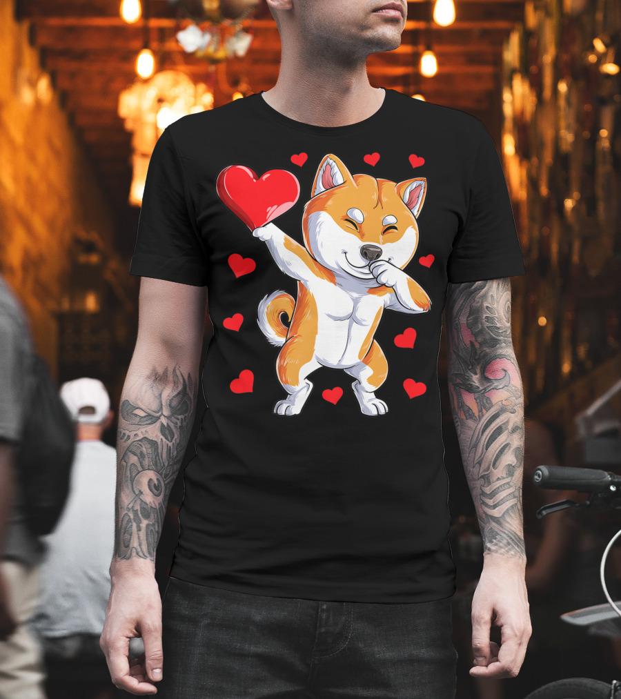 Dabbing Shiba Inu Holding Heart Valentines Day Dog Lover Boys T-Shirt
