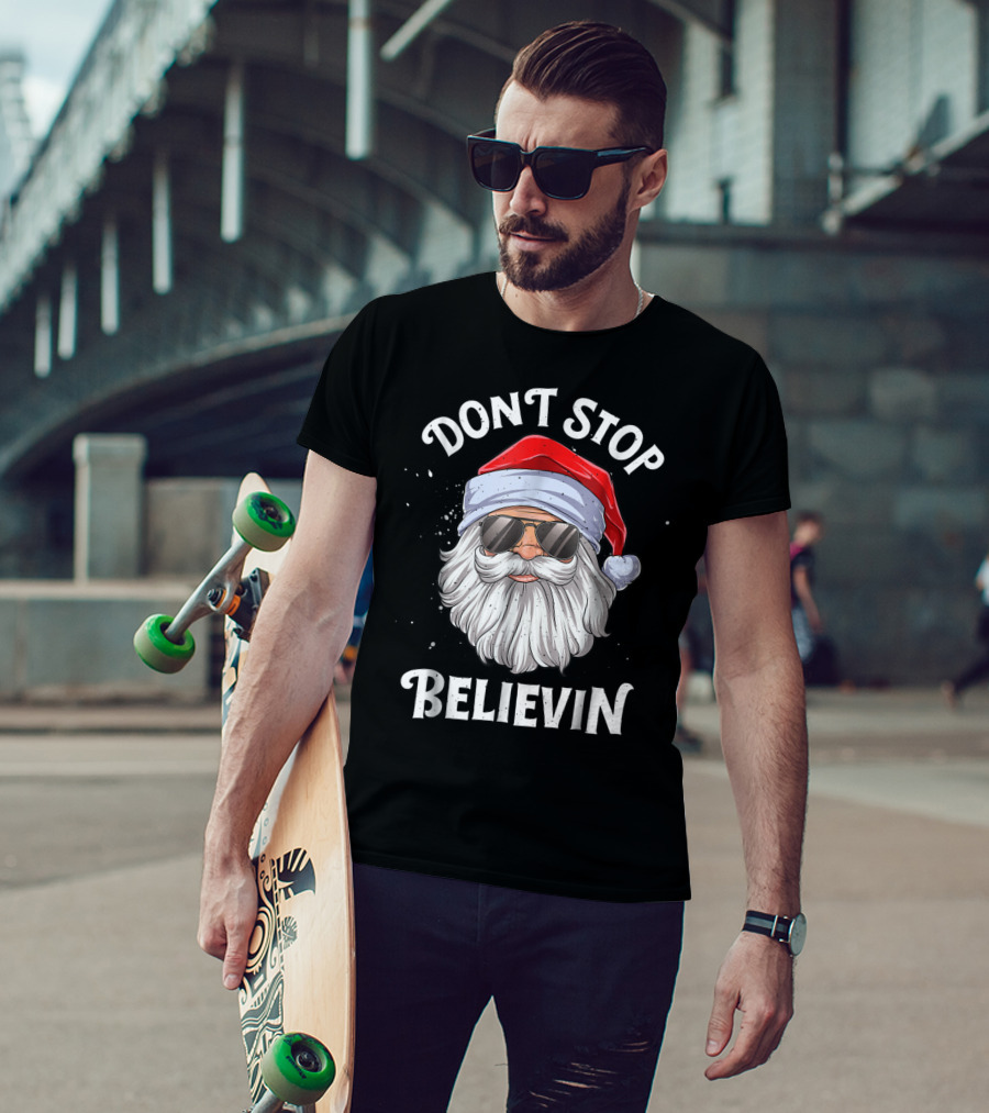 Dont Stop Believin Santa Christmas Boys Sunglasses Holiday T-Shirt