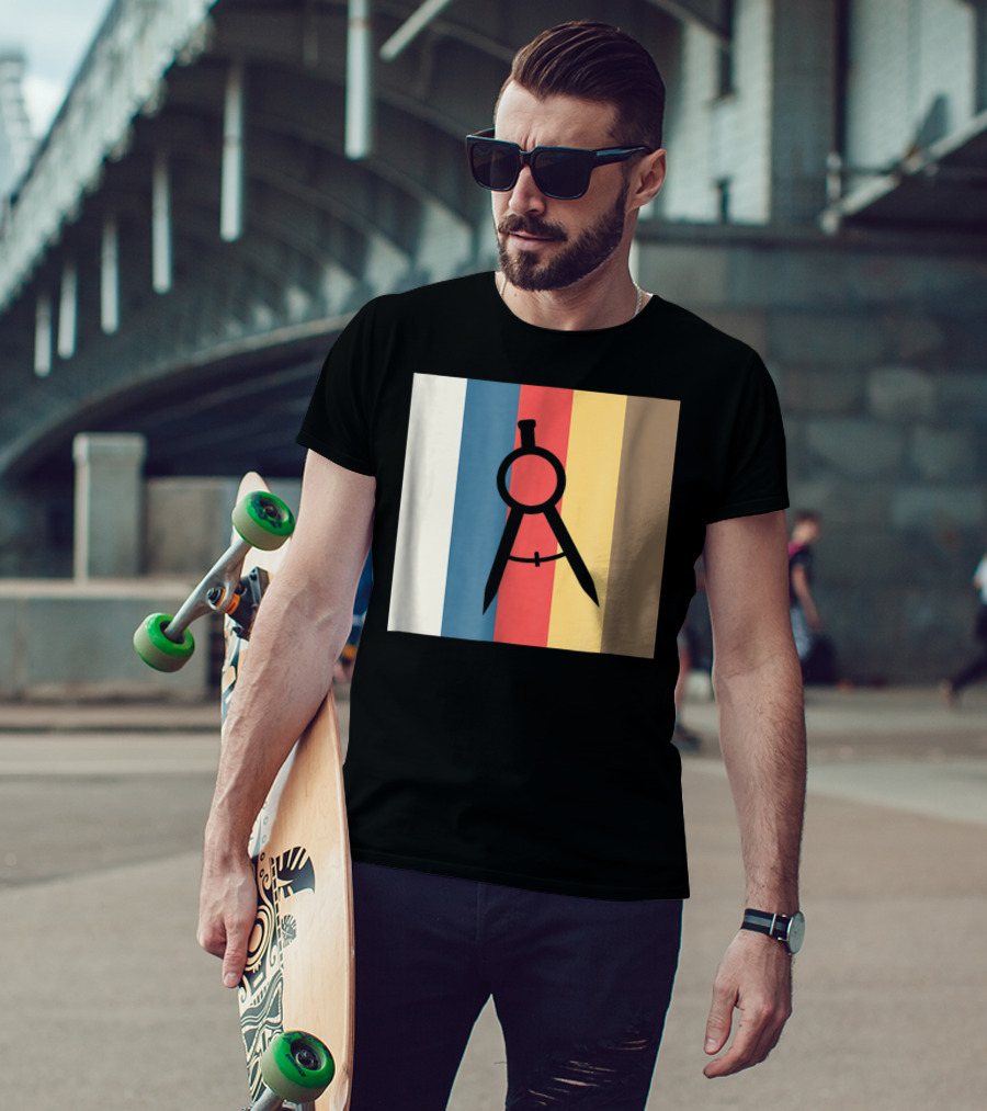 Cool Divider Vintage Architecture Compass On Retro Color Stripes T-Shirt
