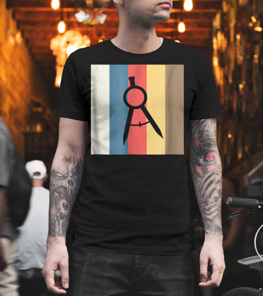 Cool Divider Vintage Architecture Compass on Retro Color Stripes T-Shirt