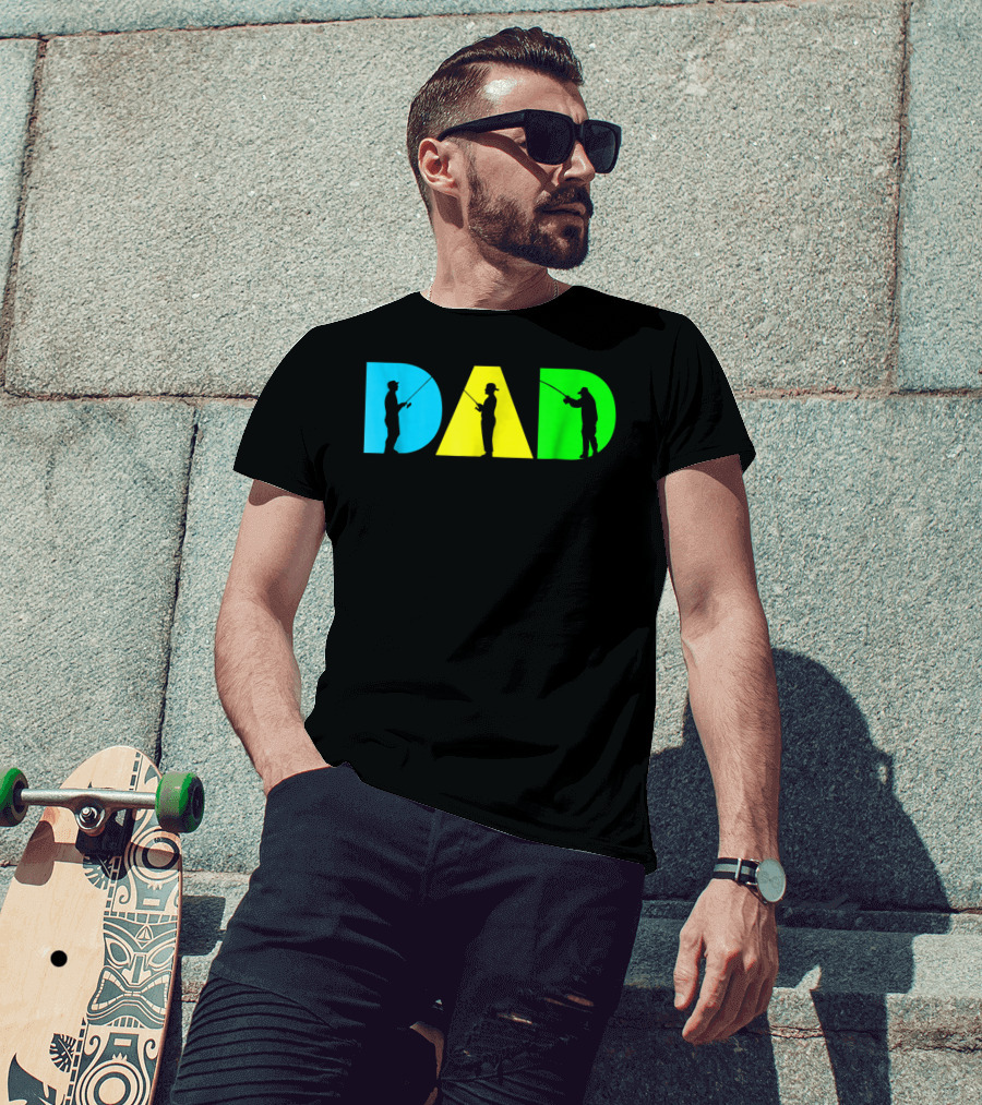 Funny Dad Fishing Silhouette Blue Yellow Green Design Father76 T-Shirt