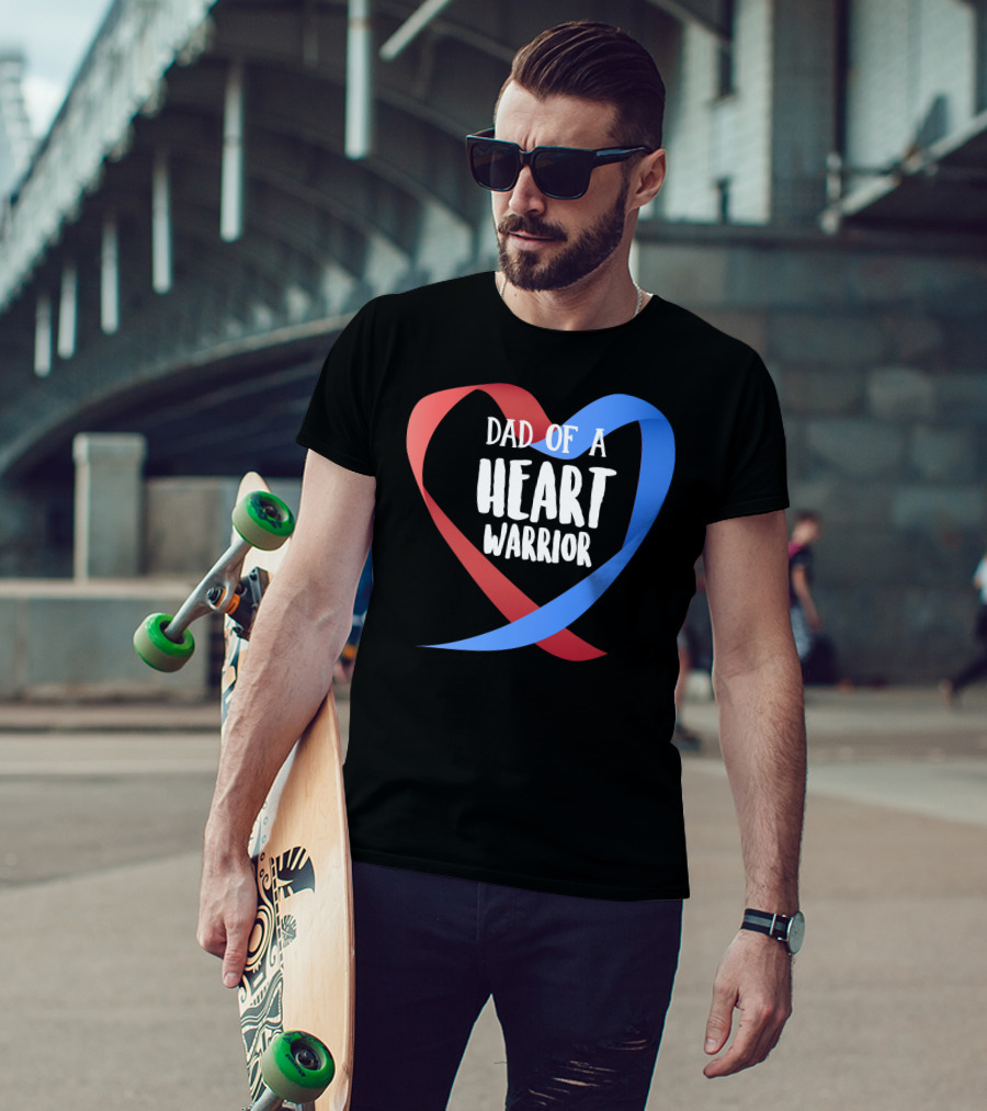 Dad Of A Heart Warrior CHD Awareness Red And Blue Ribbon Heart T-Shirt