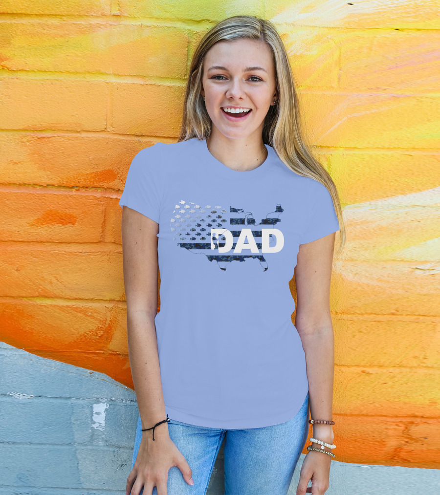 Dad Camouflage Flag Map USA Fish T-Shirt