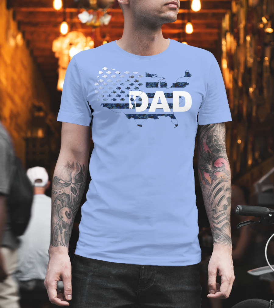 Dad Camouflage Flag Map USA Fish T-Shirt