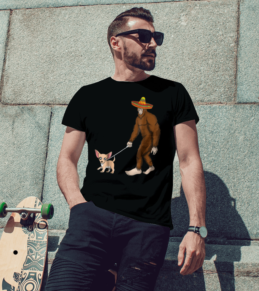 Bigfoot Sombrero Walking Chihuahua Cinco De Mayo T-Shirt