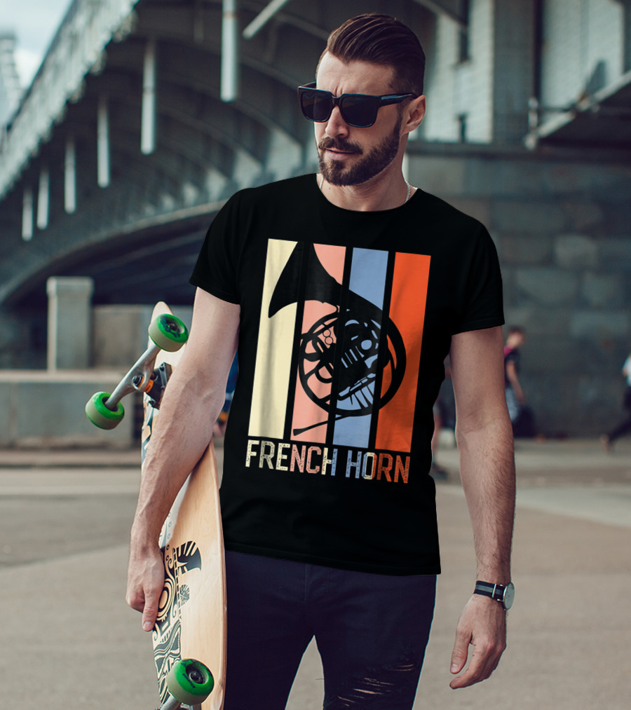 French Horn Dad Marching Band High School Strip Style Retro Music 22 T-Shirt