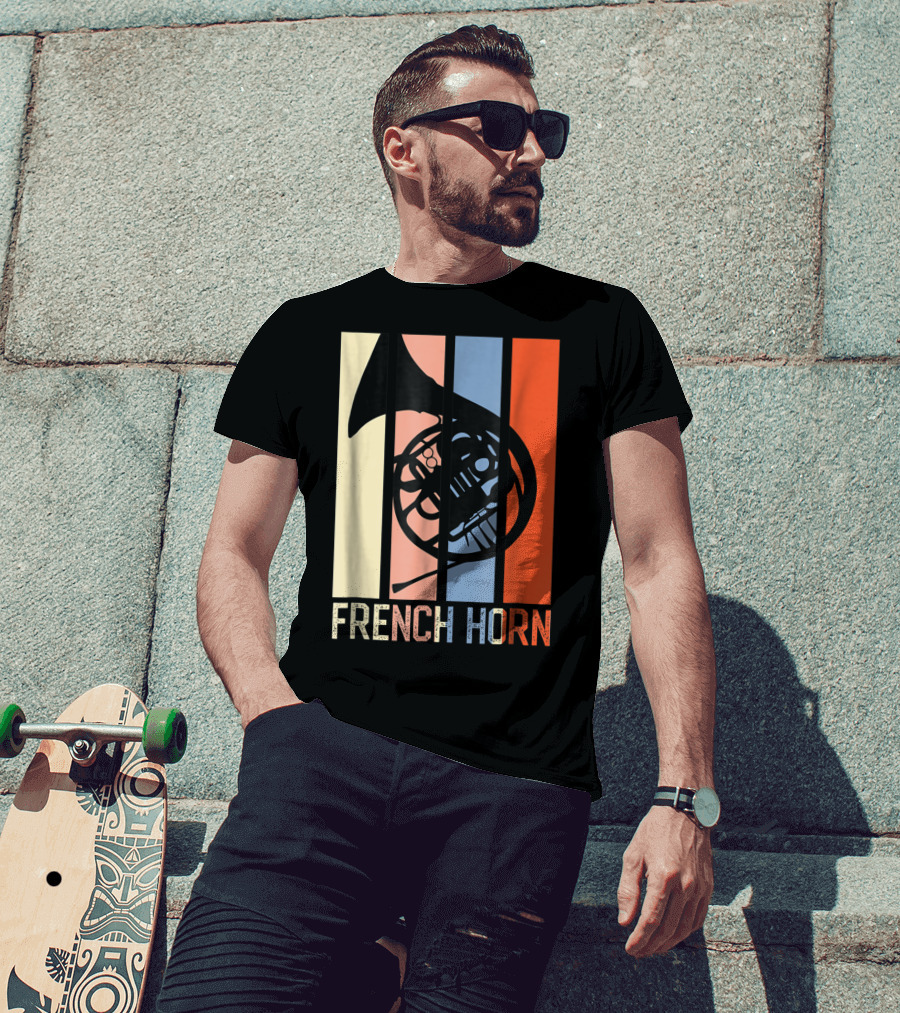 French Horn Dad Marching Band High School Strip Style Retro Music 22 T-Shirt