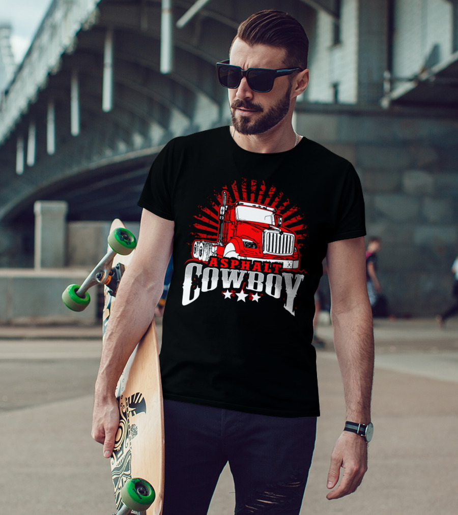 Asphalt Cowboy Red Truck Driver Dad Humor T-Shirt