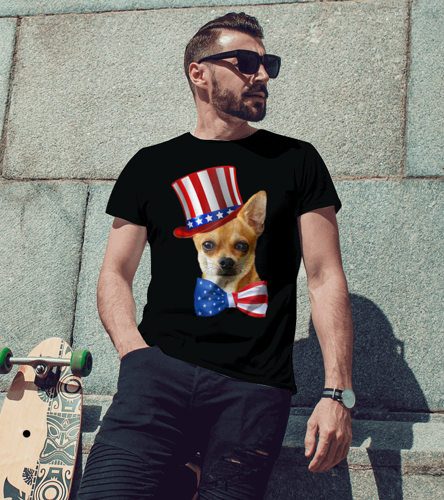 Chihuahua Uncle Sam Hat And Bowtie American Flag T-Shirt