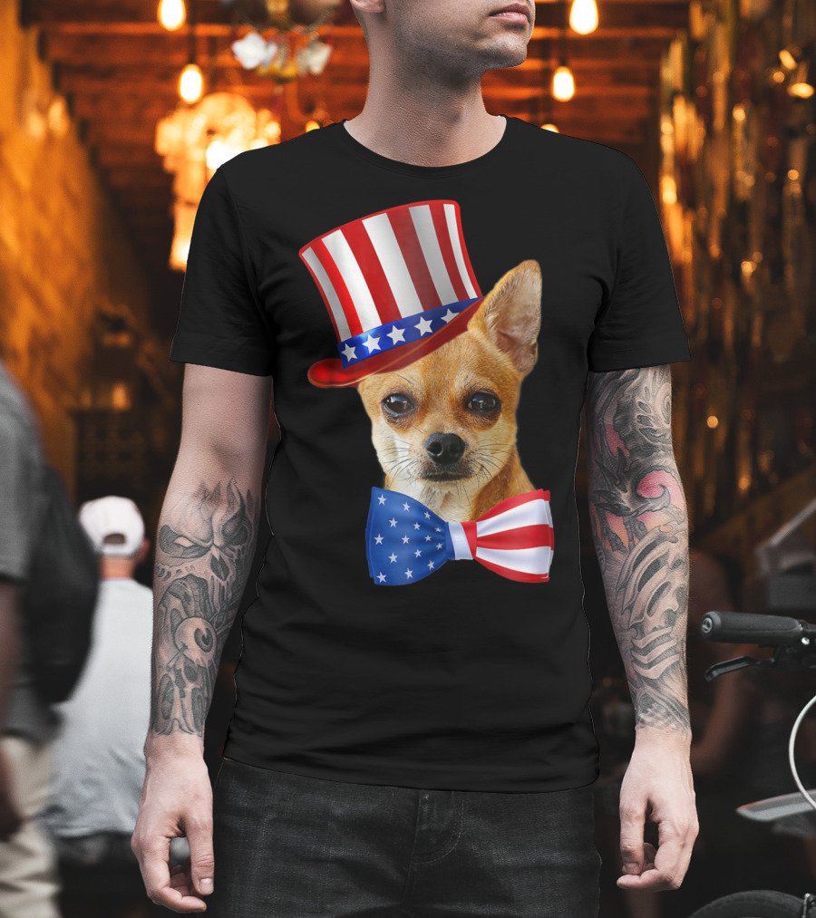 Chihuahua Uncle Sam Hat And Bowtie American Flag T-Shirt
