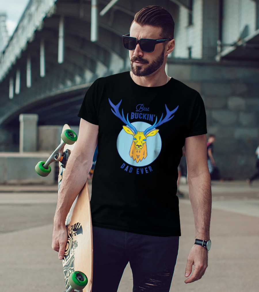 Best Buckin' Dad Ever Deer Hunting Stag Head Blue And Yellow Circle T-Shirt