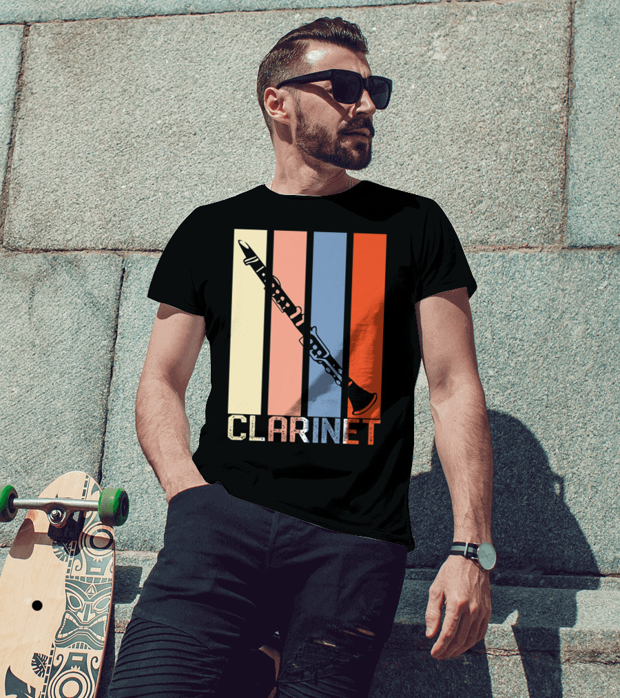 Clarinet Marching Band Dad High School Retro Instrument Stripes T-Shirt