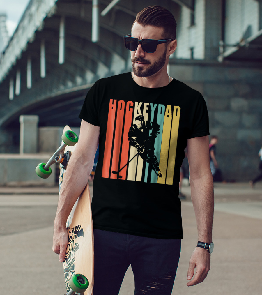 Classic Vintage Hockey Dad Player Silhouette Retro Stripes T-Shirt