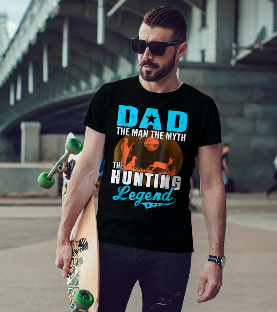 Dad The Man The Myth The Hunting Legend With Hunter Dog Deer And Sunset T-Shirt