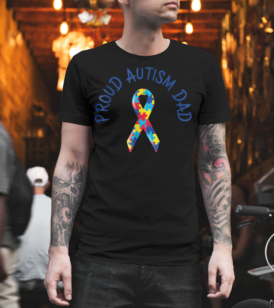 Proud Autism Dad Puzzle Ribbon Tee Men Grandpa Papa Support T-Shirt