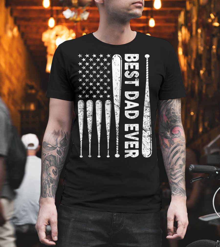 Best Dad Ever American Flag Baseball SoftballUSA T-Shirt