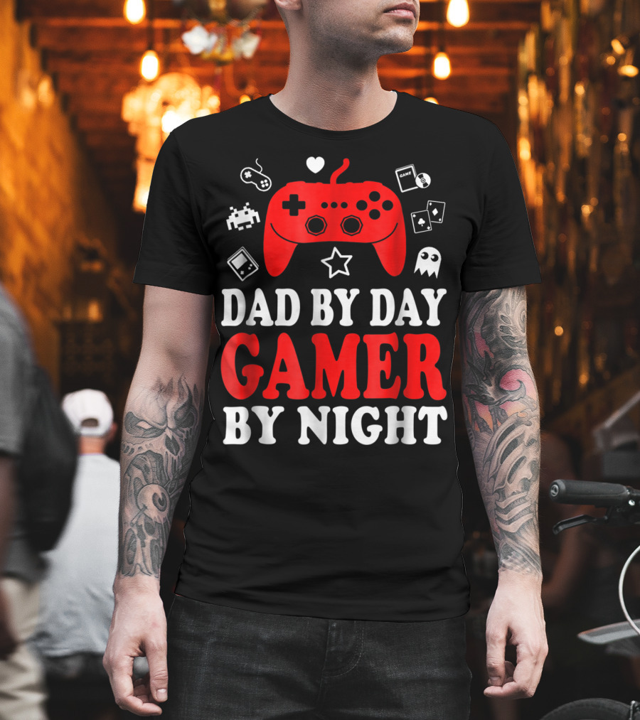 Dad by Day Gamer by Night Retro Controller and Icons T-Shirt