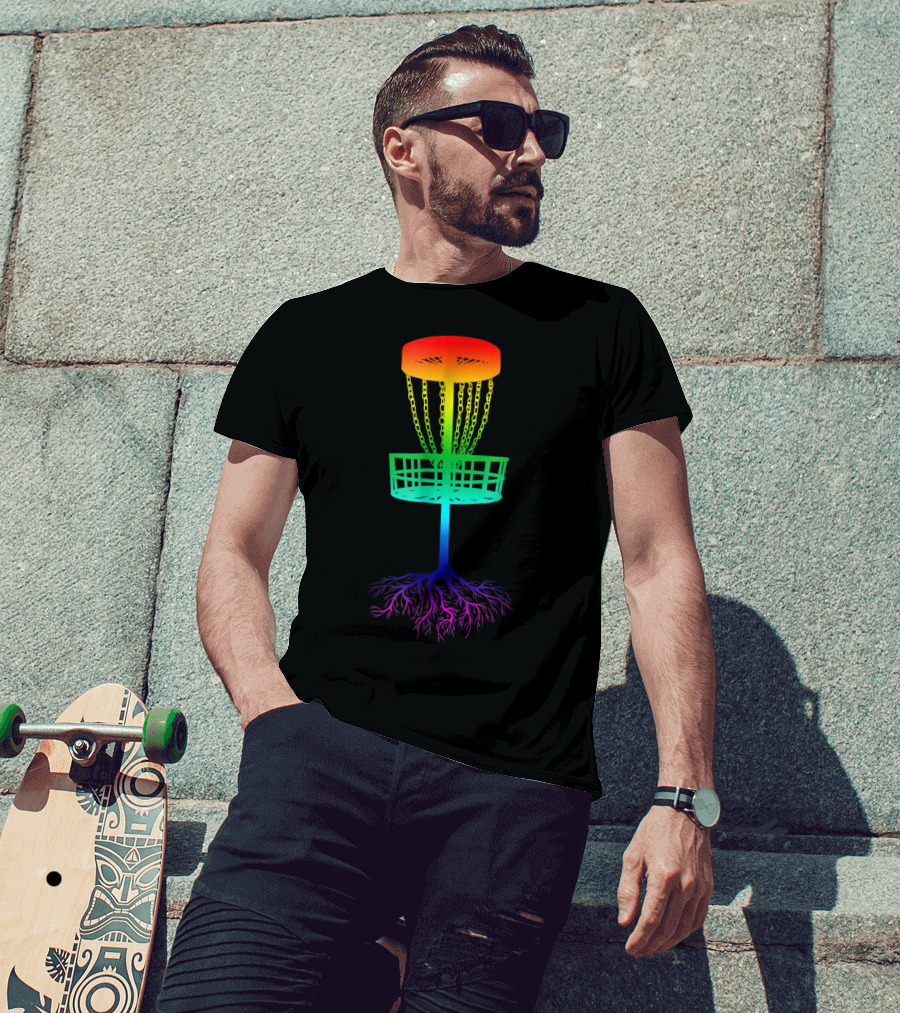 Rainbow Disc Golf Basket With Vibrant Roots T-Shirt