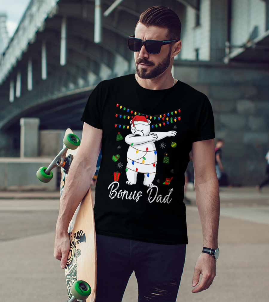 Bonus Dad Bear Christmas Lights Santa Hat Dabbing T-Shirt