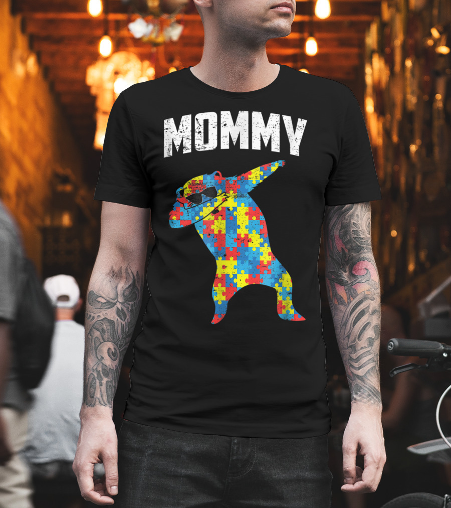 Autism Puzzle Bear Dabbing Mommy Glasses T-Shirt