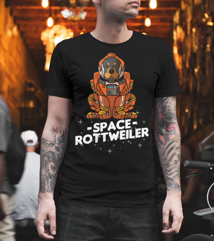 Space Rottweiler in Orange Space Suit with Stars T-Shirt