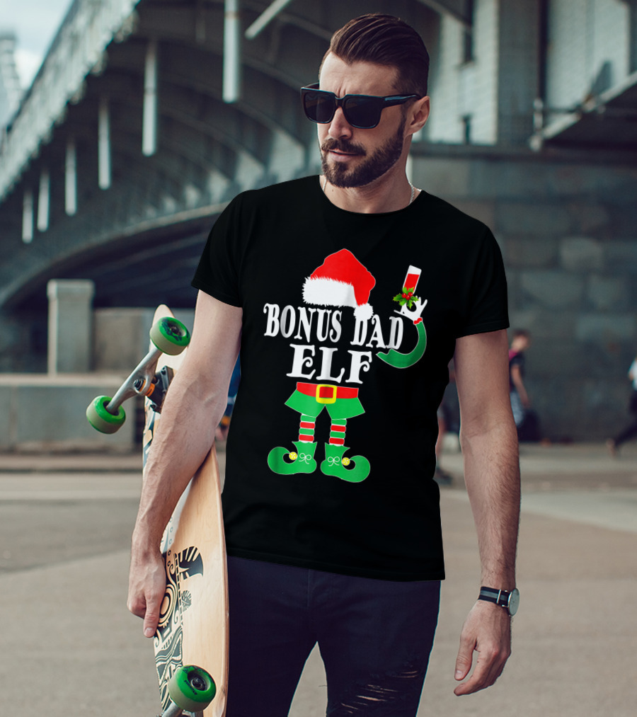 BONUS DAD ELF Christmas Santa Hat With Festive Drink And Elf Costume T-Shirt