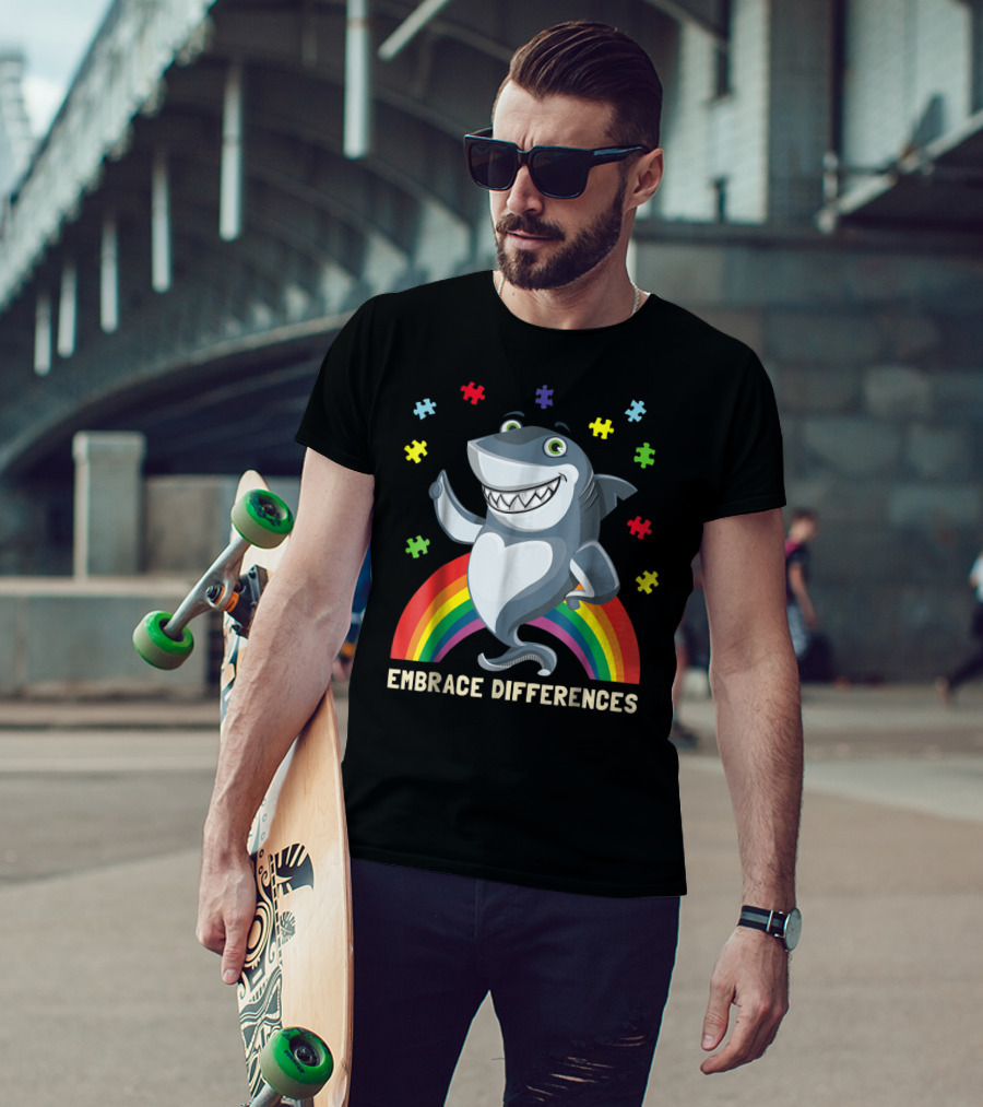 Embrace Differences Autism Awareness Kids Dad Shark Puzzle Piece Rainbow T-Shirt