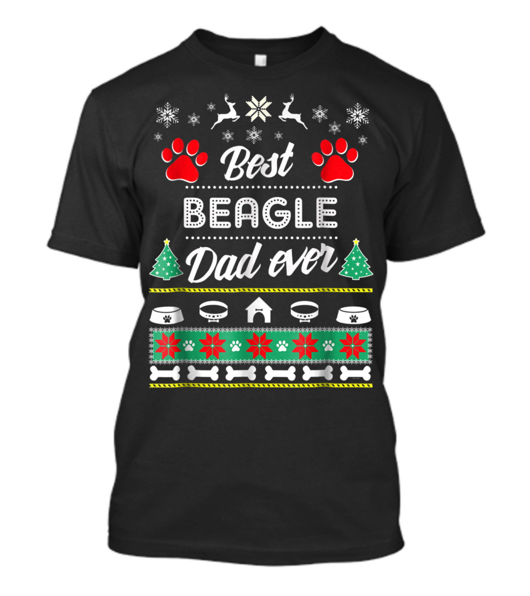 Best Beagle Dad Ever Christmas Paw Prints Dog House Reindeer Snowflakes Bones T-Shirt