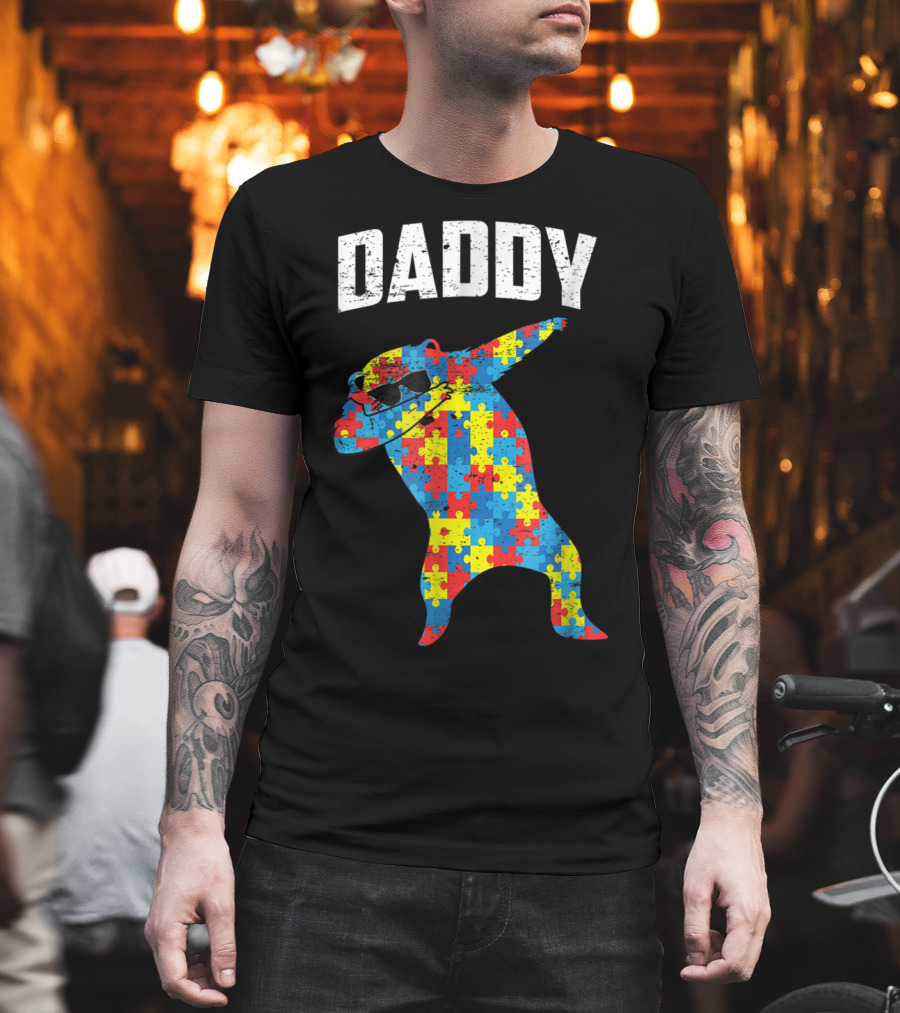 Daddy Bear Autism Puzzle Pattern Dabbing Glasses T-Shirt