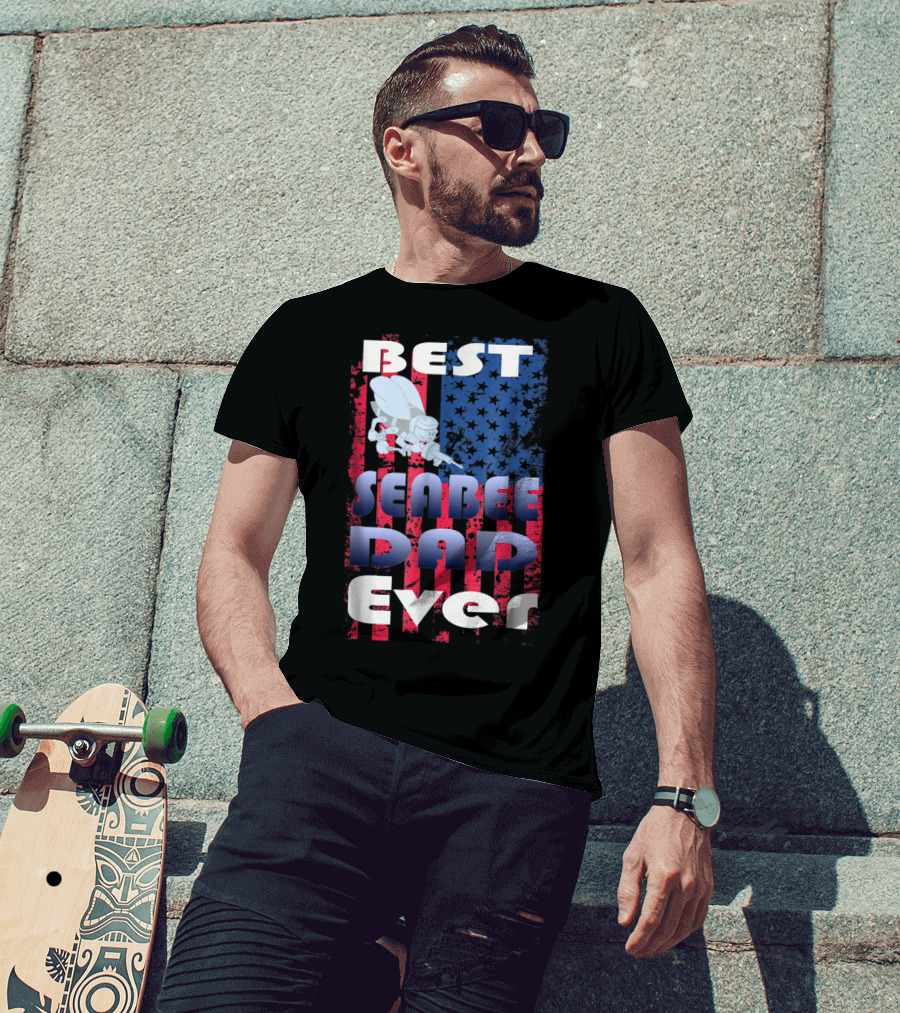 Best Seabee Dad Ever American Flag Bee Mascot T-Shirt