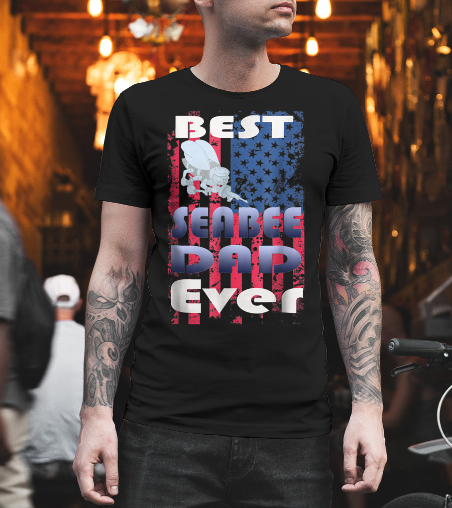 Best Seabee Dad Ever American Flag Bee Mascot T-Shirt