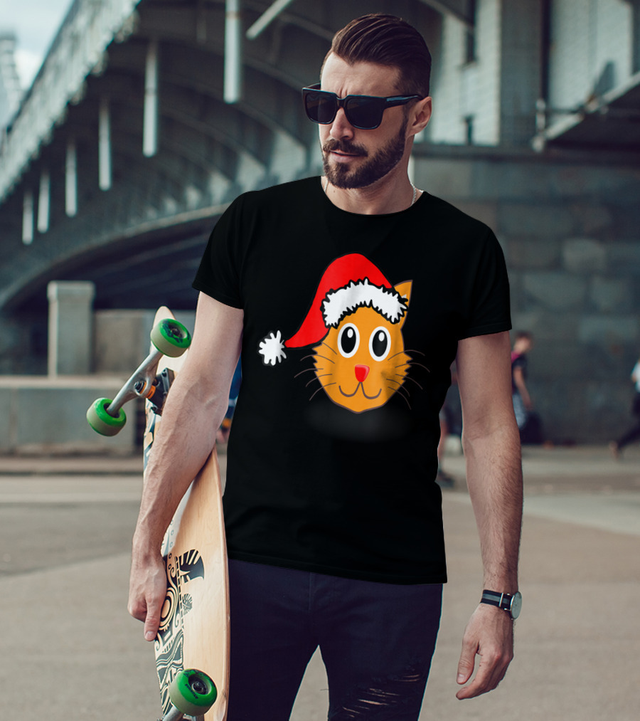 Cat Lover Grandma Kid Grandpa39 Santa Hat Cat Face T-Shirt