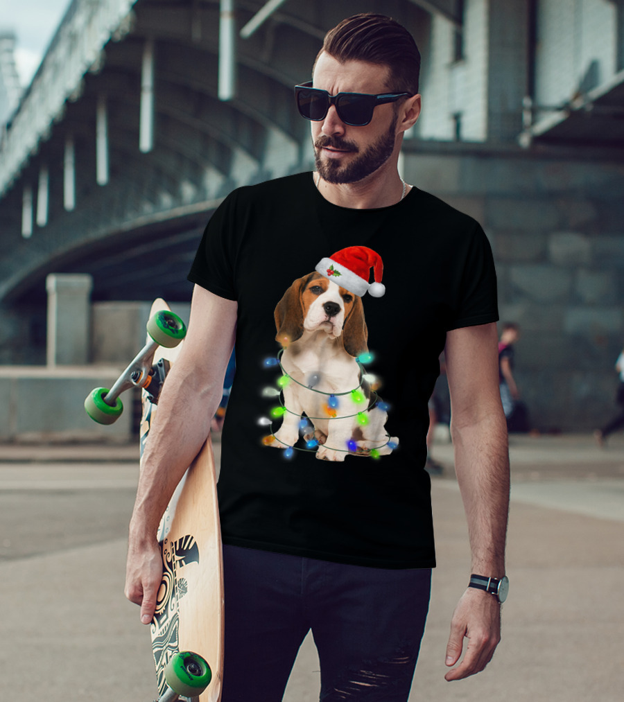Beagle Wrapped In Christmas Lights With Santa Hat For Mom Women Girl T-Shirt