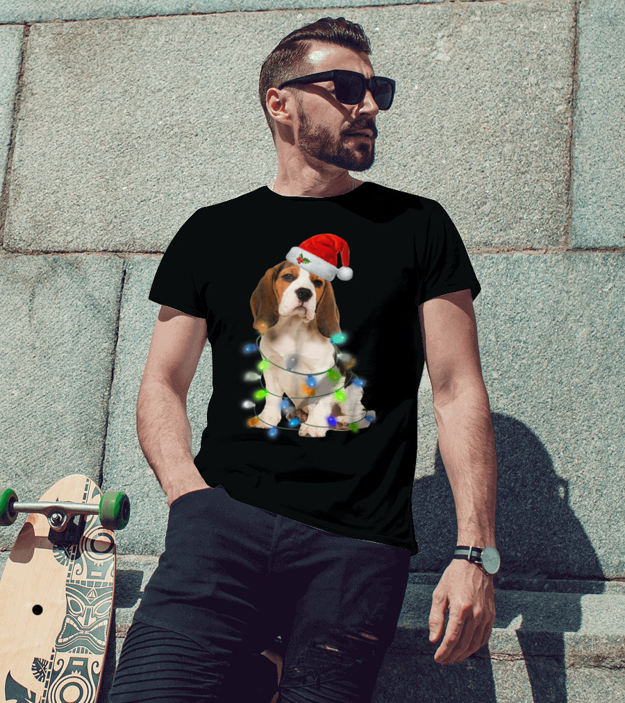 Beagle Wrapped In Christmas Lights With Santa Hat For Mom Women Girl T-Shirt