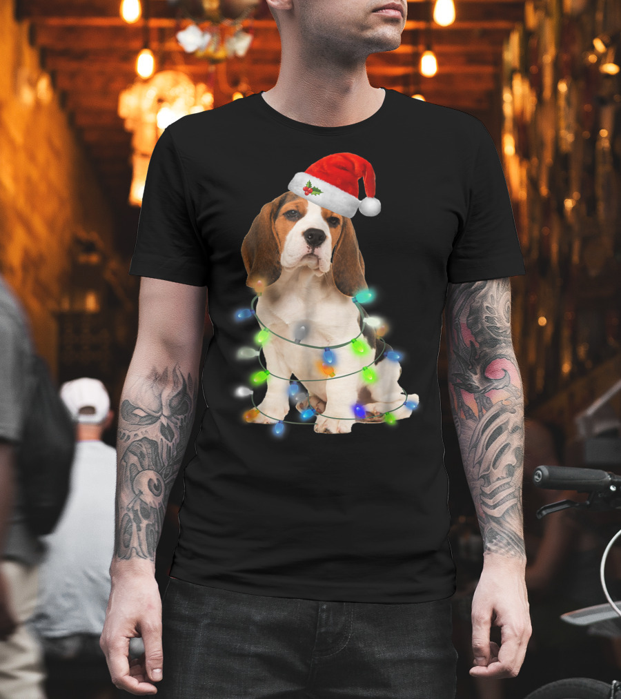 Beagle Wrapped in Christmas Lights with Santa Hat for Mom Women Girl T-Shirt