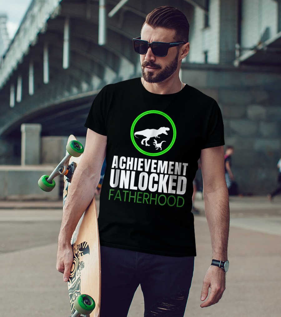 Achievement Unlocked Fatherhood Dinosaur Gaming First Time Dad T-Shirt