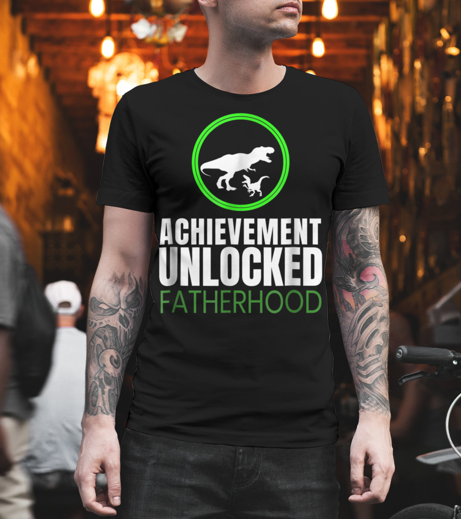 Achievement Unlocked Fatherhood Dinosaur Gaming First Time Dad T-Shirt