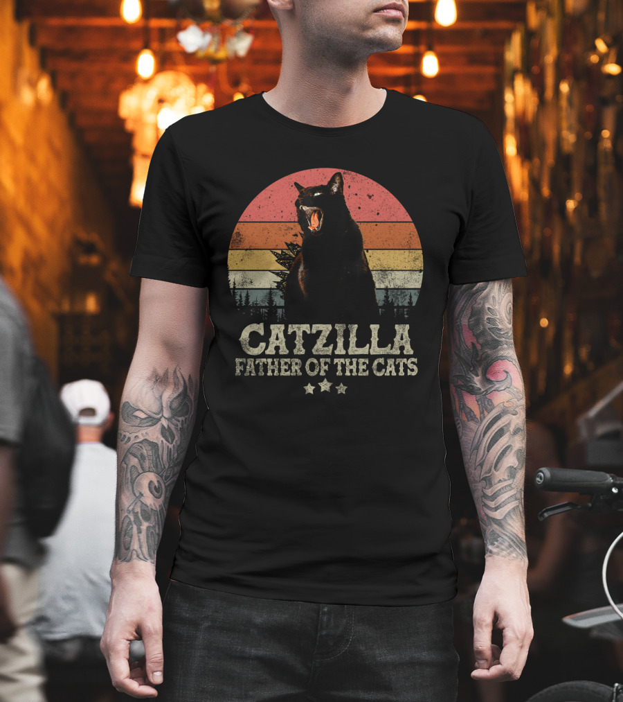 CATZILLA FATHER OF THE CATS RETRO SUNSET ROAR T-Shirt