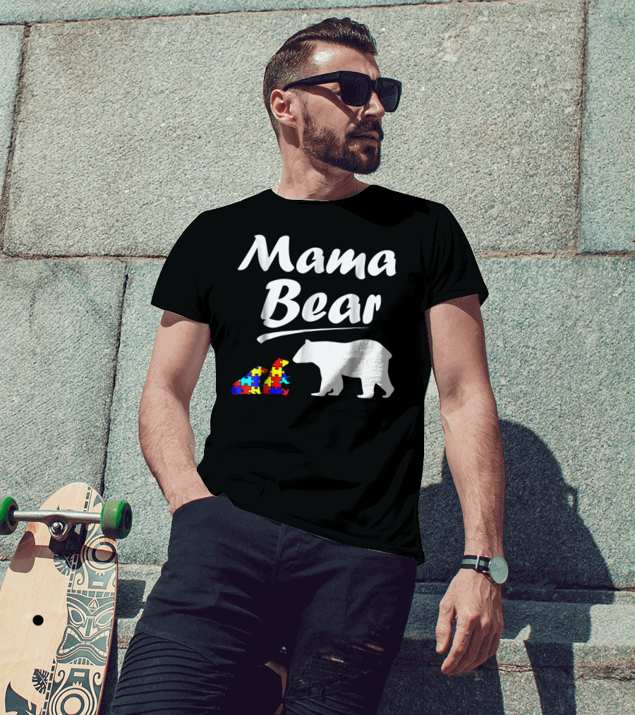 Mama Bear Autism Awareness Mom With Two Puzzle Piece Cubs T-Shirt
