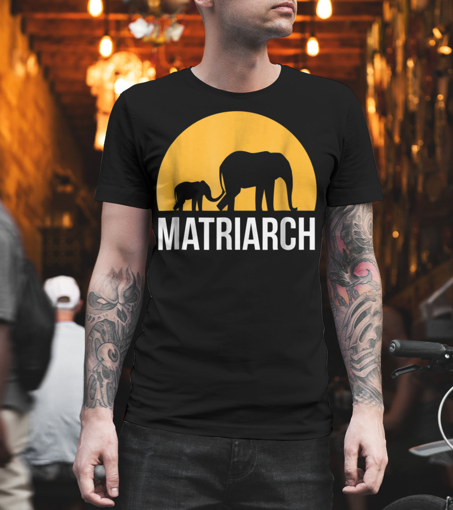 Matriarch Elephant Silhouette With Yellow Sunset Circle T-Shirt