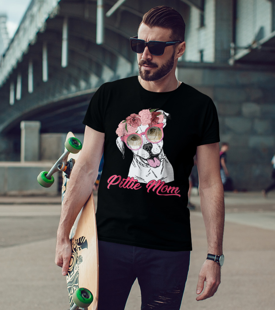 Pittie Mom With Flower Crown And Sunglasses Pitbull T-Shirt